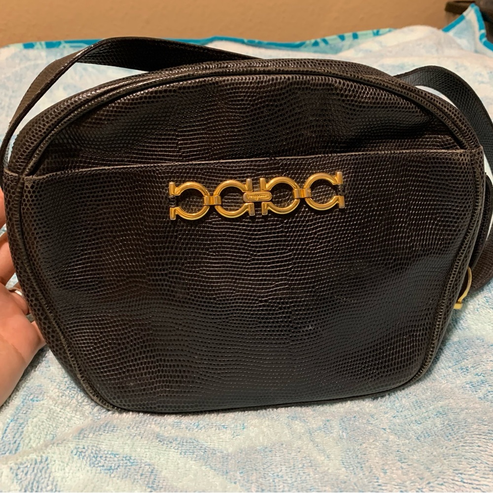 Vintage Salvatore Ferragamo Black Lizard Skin Crossbody Bag | Gold Logo | Italy